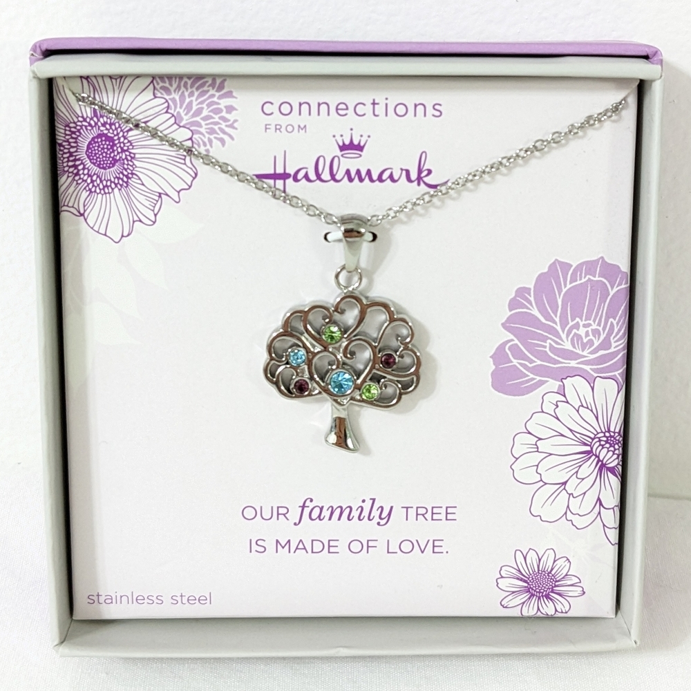 Crystal Tree Of Life Stainless Steel Pendant Necklace, NEW